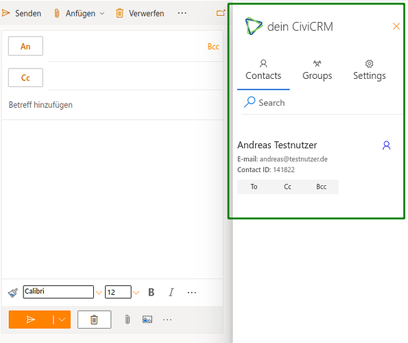 Suchleiste mit CiviCRM-Verbindung in Outlook365