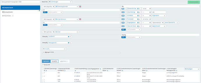 Spender Einzelspende größer 300€ mit Suchergebnis